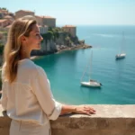 Femme sur une terrasse en pierre avec vue sur une baie méditerranéenne dans un village côtier du sud de la France