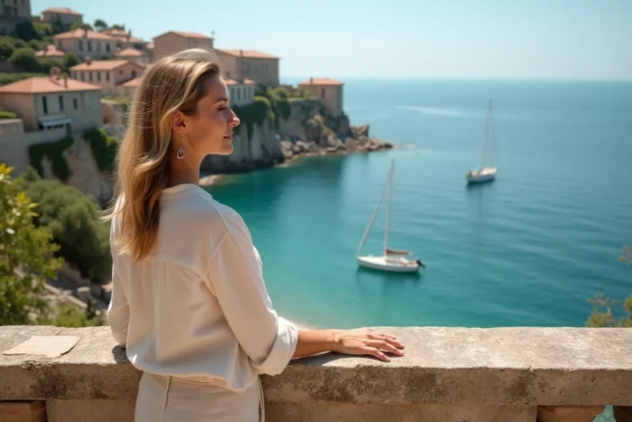 Femme sur une terrasse en pierre avec vue sur une baie méditerranéenne dans un village côtier du sud de la France