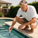Homme testant la qualité de l'eau de sa piscine avec une bandelette d'analyse pour vérifier le taux de sel