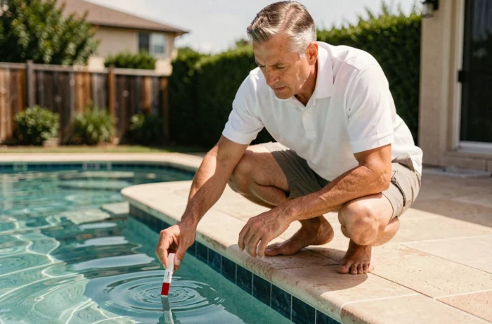 Homme testant la qualité de l'eau de sa piscine avec une bandelette d'analyse pour vérifier le taux de sel