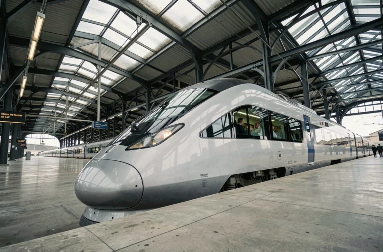 Train électrique grande vitesse entrant en gare moderne avec architecture en acier et verre, tendances transport ferroviaire innovant