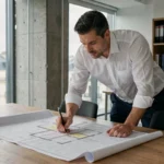 Urbaniste analysant un plan de construction pour anticiper la redevance archéologique préventive