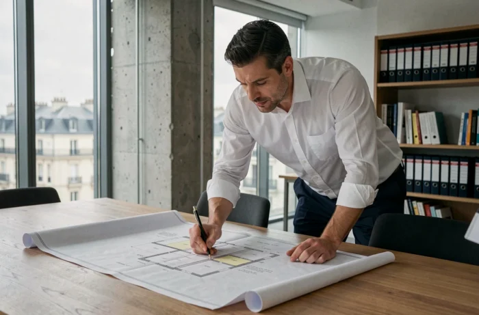 Urbaniste analysant un plan de construction pour anticiper la redevance archéologique préventive