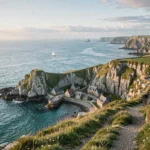 Panorama de la côte bretonne avec falaises de granit, mer turquoise, village de pêcheurs et végétation sauvage en arrière-saison