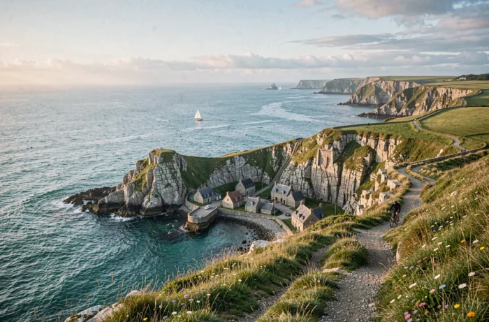 Panorama de la côte bretonne avec falaises de granit, mer turquoise, village de pêcheurs et végétation sauvage en arrière-saison