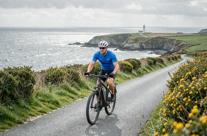 Cycliste en vélo électrique longeant la côte nord bretonne sur un chemin de bord de falaise avec vue sur la mer et un phare au loin