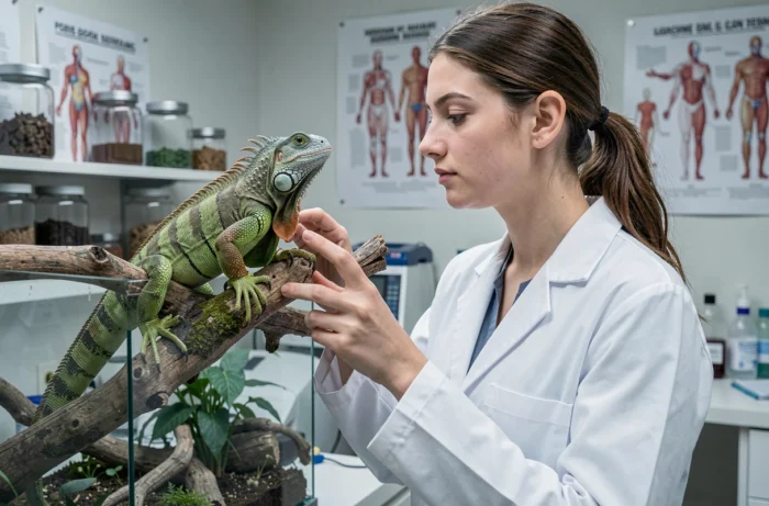 Vétérinaire examinant un iguane vert dans un laboratoire spécialisé en faune et biologie animale