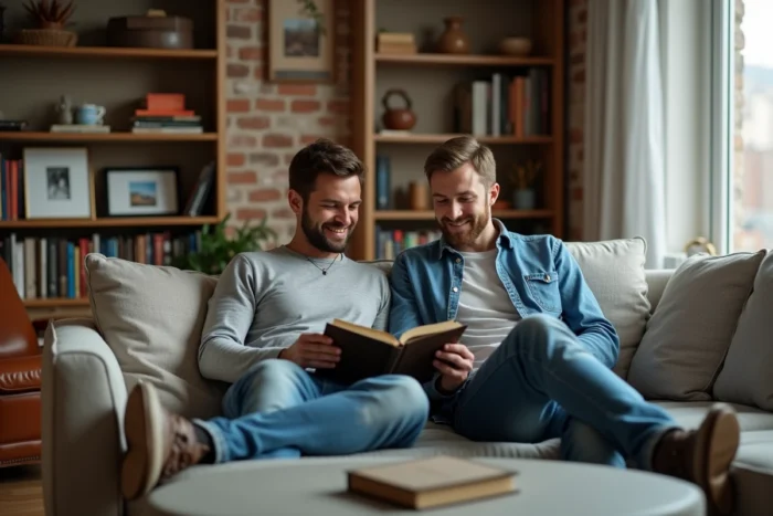 Deux hommes dans un appartement cosy et personnel, illustrant l'intimité et la vie privée d'un couple au quotidien
