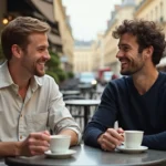 Deux hommes souriants partageant un moment complice en terrasse de café parisien, illustrant la vie de couple et l'intimité partagée