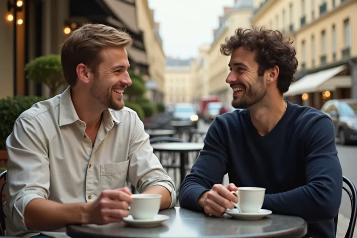 Deux hommes souriants partageant un moment complice en terrasse de café parisien, illustrant la vie de couple et l'intimité partagée
