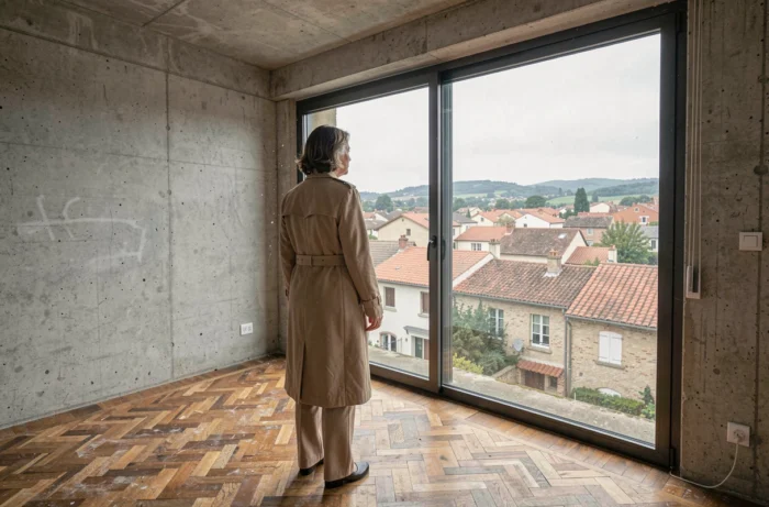 Femme visitant un appartement vide avec vue sur une ville de province française lors d'un achat immobilier