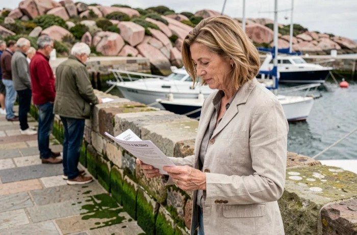 Femme examinant son permis de quota d'accès près du quai de l'Île de Bréhat, avec des bateaux amarrés et une jetée en granit rose