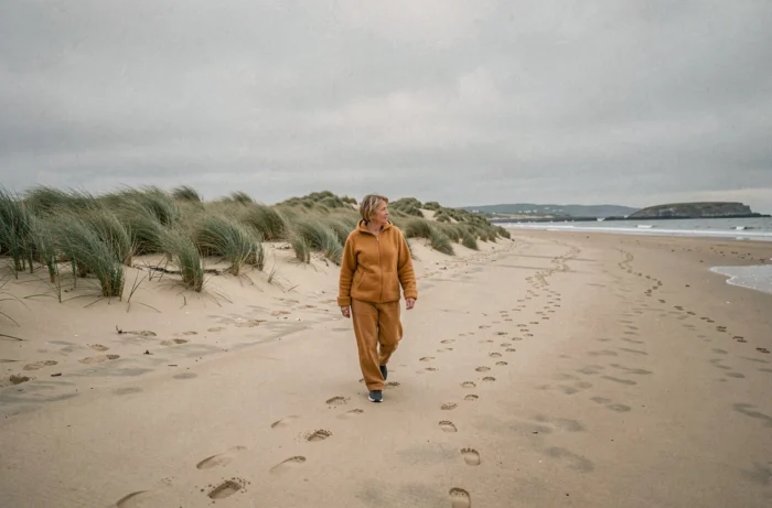 Femme se promenant seule sur une plage déserte près de Landéda en automne, avec l'estuaire de l'Aber Wrac'h en arrière-plan sous un ciel couvert
