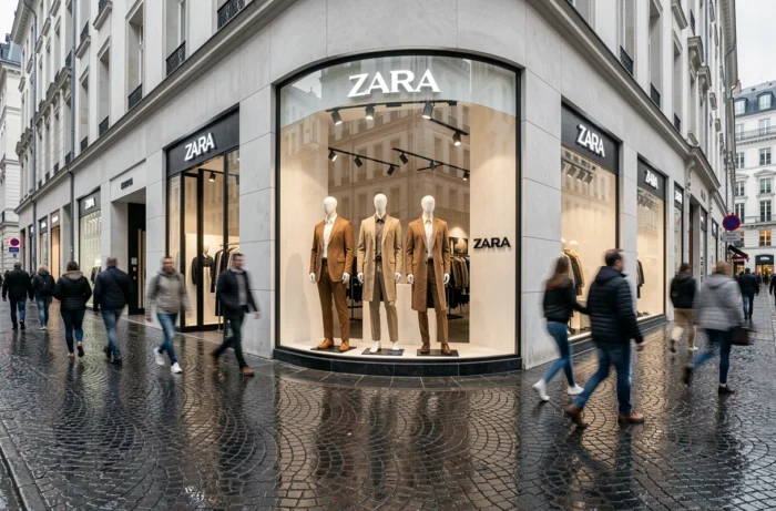 Vitrine d'un magasin Zara en centre-ville européen avec des mannequins habillés en tenues tendance