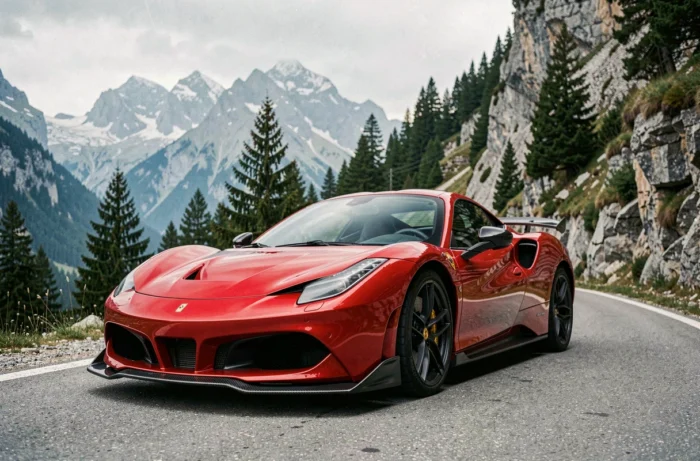 Voiture de sport italienne rouge garée sur une route de montagne alpine, vue grand angle en perspective basse